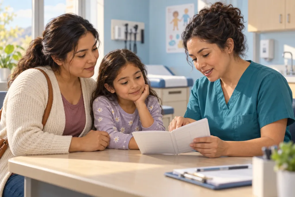 Madre y niña revisan una cartilla de vacunación con una profesional de salud en un consultorio; ilustración generada con IA.