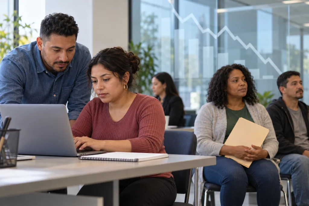 Trabajadores diversos reciben orientación y revisan una solicitud de seguro de desempleo en una computadora